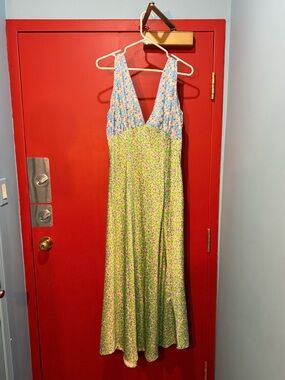 VRG GRL blue and green floral satin dress